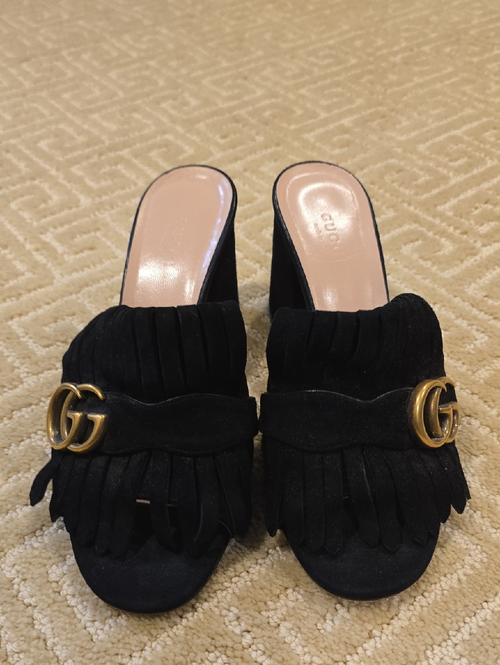 Gucci Black Suede Fringe Mules with Gold Double G, Size 38